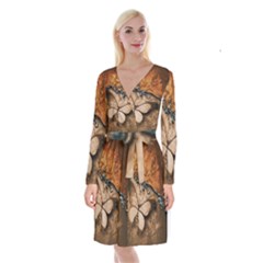 Wonderful Floral Design With Butterflies Long Sleeve Velvet Front Wrap Dress by FantasyWorld7