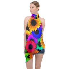 Colorful Sunflowers                                                    Halter Asymmetric Satin Top by LalyLauraFLM