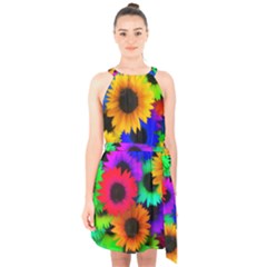 Colorful Sunflowers                                                 Halter Collar Waist Tie Chiffon Dress by LalyLauraFLM
