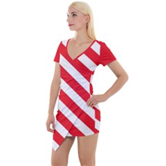 Candy Cane Red White Line Stripes Pattern Peppermint Christmas Delicious Design Short Sleeve Asymmetric Mini Dress