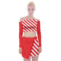 Candy Cane Red White Line Stripes Pattern Peppermint Christmas Delicious Design Off Shoulder Top With Mini Skirt Set