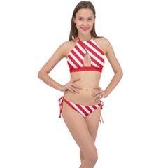 Candy Cane Red White Line Stripes Pattern Peppermint Christmas Delicious Design Cross Front Halter Bikini Set by genx