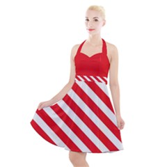 Candy Cane Red White Line Stripes Pattern Peppermint Christmas Delicious Design Halter Party Swing Dress  by genx