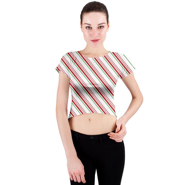 White Candy Cane Pattern with Red and Thin Green Festive Christmas Stripes Crew Neck Crop Top