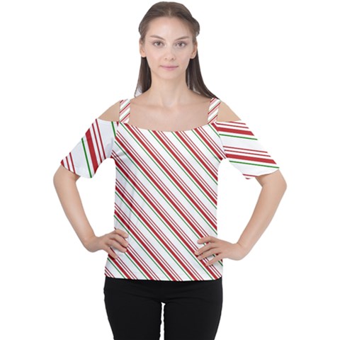 White Candy Cane Pattern With Red And Thin Green Festive Christmas Stripes Cutout Shoulder Tee by genx