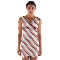 White Candy Cane Pattern With Red And Thin Green Festive Christmas Stripes Wrap Front Bodycon Dress by genx