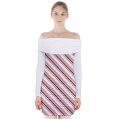 White Candy Cane Pattern With Red And Thin Green Festive Christmas Stripes Long Sleeve Off Shoulder Dress by genx