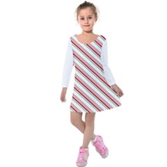 White Candy Cane Pattern With Red And Thin Green Festive Christmas Stripes Kids  Long Sleeve Velvet Dress by genx