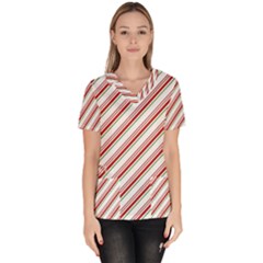 White Candy Cane Pattern With Red And Thin Green Festive Christmas Stripes Women s V-neck Scrub Top by genx