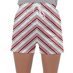 White Candy Cane Pattern With Red And Thin Green Festive Christmas Stripes Sleepwear Shorts by genx