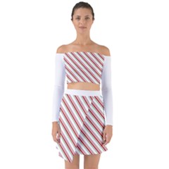 White Candy Cane Pattern With Red And Thin Green Festive Christmas Stripes Off Shoulder Top With Skirt Set by genx