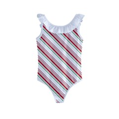 White Candy Cane Pattern With Red And Thin Green Festive Christmas Stripes Kids  Frill Swimsuit by genx