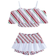 White Candy Cane Pattern With Red And Thin Green Festive Christmas Stripes Kids  Off Shoulder Skirt Bikini by genx