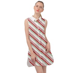 White Candy Cane Pattern With Red And Thin Green Festive Christmas Stripes Sleeveless Shirt Dress by genx