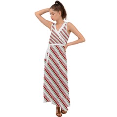 White Candy Cane Pattern With Red And Thin Green Festive Christmas Stripes V-neck Chiffon Maxi Dress by genx