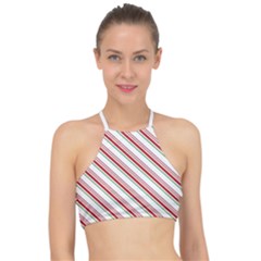 White Candy Cane Pattern With Red And Thin Green Festive Christmas Stripes Racer Front Bikini Top by genx