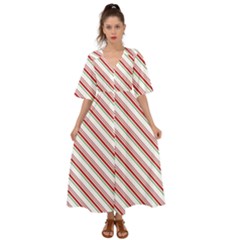 White Candy Cane Pattern With Red And Thin Green Festive Christmas Stripes Kimono Sleeve Boho Dress by genx