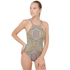 Temple Of Wood With A Touch Of Japan High Neck One Piece Swimsuit by pepitasart