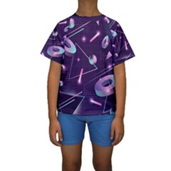 Retrowave Aesthetic Vaporwave Retro Memphis Pattern 80s Design Geometrical Shapes Futurist Pink Blue 3d Kids  Short Sleeve Swimwear by genx