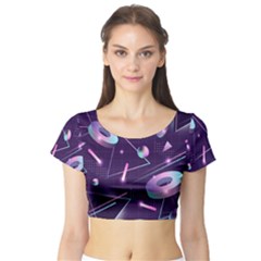 Retrowave Aesthetic Vaporwave Retro Memphis Pattern 80s Design Geometrical Shapes Futurist Pink Blue 3d Short Sleeve Crop Top by genx