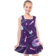 Retrowave Aesthetic Vaporwave Retro Memphis Pattern 80s Design Geometrical Shapes Futurist Pink Blue 3d Kids  Cross Back Dress by genx