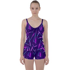 Retrowave Aesthetic Vaporwave Retro Memphis Pattern 80s Design Geometric Shapes Futurist Purple Pink Blue Neon Light Tie Front Two Piece Tankini by genx