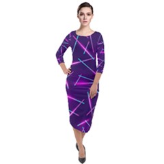 Retrowave Aesthetic Vaporwave Retro Memphis Pattern 80s Design Geometric Shapes Futurist Purple Pink Blue Neon Light Quarter Sleeve Midi Velour Bodycon Dress by genx