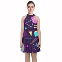 Retrowave Aesthetic Vaporwave Retro Memphis Pattern 80s Design 3d Geometric Shapes Velvet Halter Neckline Dress  by genx