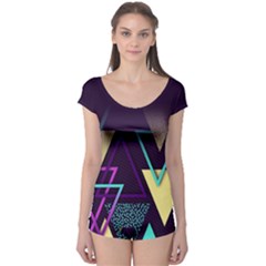 Retrowave Aesthetic Vaporwave Retro Memphis Triangle Pattern 80s Yellow Turquoise Purple Boyleg Leotard  by genx