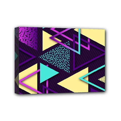 Retrowave Aesthetic Vaporwave Retro Memphis Triangle Pattern 80s Yellow Turquoise Purple Mini Canvas 7  X 5  (stretched) by genx