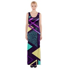 Retrowave Aesthetic Vaporwave Retro Memphis Triangle Pattern 80s Yellow Turquoise Purple Thigh Split Maxi Dress by genx