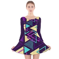 Retrowave Aesthetic Vaporwave Retro Memphis Triangle Pattern 80s Yellow Turquoise Purple Long Sleeve Velvet Skater Dress by genx