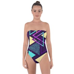 Retrowave Aesthetic Vaporwave Retro Memphis Triangle Pattern 80s Yellow Turquoise Purple Tie Back One Piece Swimsuit by genx