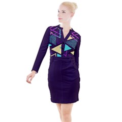 Retrowave Aesthetic Vaporwave Retro Memphis Triangle Pattern 80s Yellow Turquoise Purple Button Long Sleeve Dress by genx