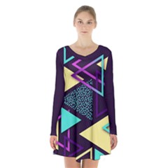 Retrowave Aesthetic Vaporwave Retro Memphis Triangle Pattern 80s Yellow Turquoise Purple Long Sleeve Velvet V-neck Dress by genx