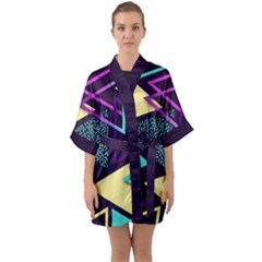 Retrowave Aesthetic Vaporwave Retro Memphis Triangle Pattern 80s Yellow Turquoise Purple Half Sleeve Satin Kimono  by genx