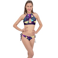 Retrowave Aesthetic Vaporwave Retro Memphis Triangle Pattern 80s Yellow Turquoise Purple Cross Front Halter Bikini Set by genx