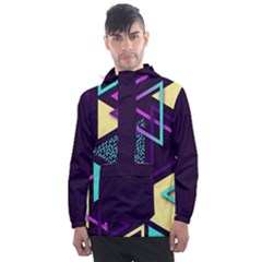 Retrowave Aesthetic Vaporwave Retro Memphis Triangle Pattern 80s Yellow Turquoise Purple Men s Front Pocket Pullover Windbreaker by genx