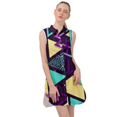 Retrowave Aesthetic Vaporwave Retro Memphis Triangle Pattern 80s Yellow Turquoise Purple Sleeveless Shirt Dress by genx