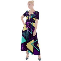 Retrowave Aesthetic Vaporwave Retro Memphis Triangle Pattern 80s Yellow Turquoise Purple Button Up Short Sleeve Maxi Dress by genx