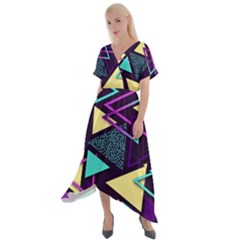 Retrowave Aesthetic Vaporwave Retro Memphis Triangle Pattern 80s Yellow Turquoise Purple Cross Front Sharkbite Hem Maxi Dress by genx