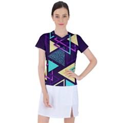 Retrowave Aesthetic Vaporwave Retro Memphis Triangle Pattern 80s Yellow Turquoise Purple Women s Mesh Sports Top by genx