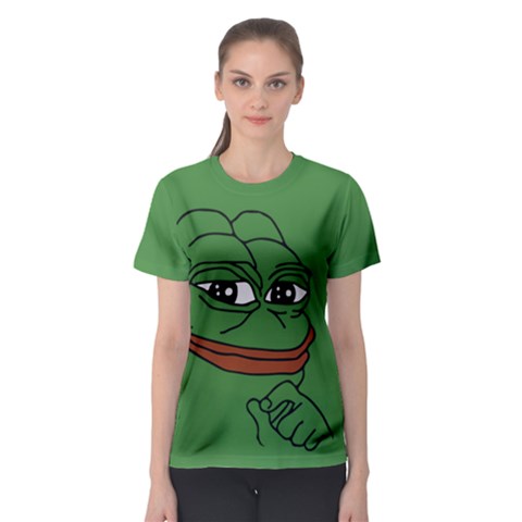 Pepe The Frog Smug Face With Smile And Hand On Chin Meme Kekistan All Over Print Green Women s Sport Mesh Tee by snek