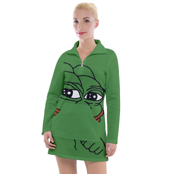 Pepe The Frog Smug face with smile and hand on chin meme Kekistan all over print green Women s Long Sleeve Casual Dress