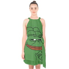 Pepe The Frog Smug Face With Smile And Hand On Chin Meme Kekistan All Over Print Green Halter Collar Waist Tie Chiffon Dress by snek