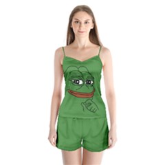 Pepe The Frog Smug Face With Smile And Hand On Chin Meme Kekistan All Over Print Green Satin Pajamas Set by snek