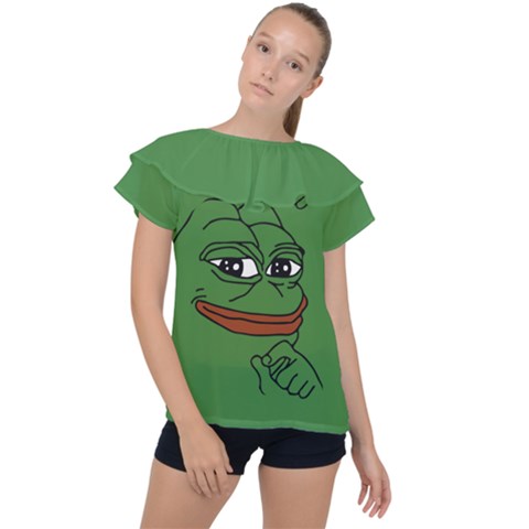 Pepe The Frog Smug Face With Smile And Hand On Chin Meme Kekistan All Over Print Green Ruffle Collar Chiffon Blouse by snek