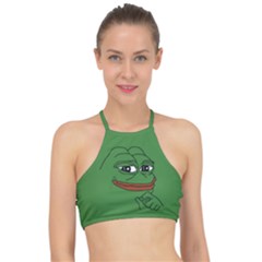 Pepe The Frog Smug Face With Smile And Hand On Chin Meme Kekistan All Over Print Green Racer Front Bikini Top by snek