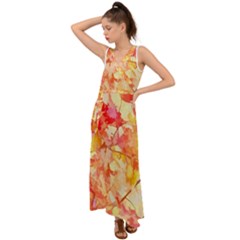 Monotype Art Pattern Leaves Colored Autumn V-neck Chiffon Maxi Dress