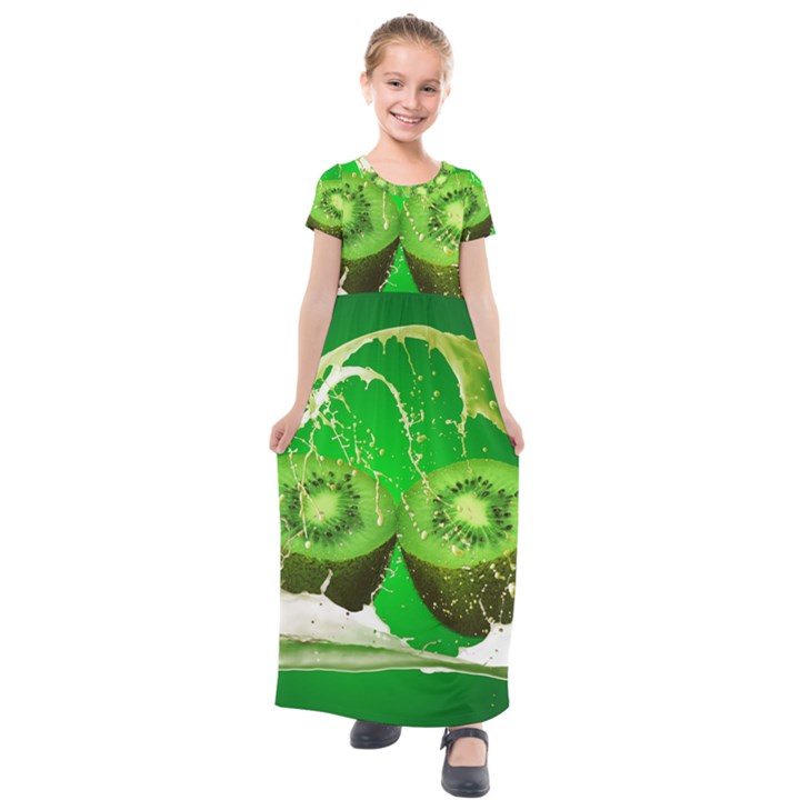 Kiwi Fruit Vitamins Healthy Cut Kids  Short Sleeve Maxi Dress